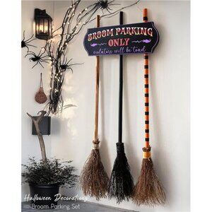 Halloween Decorations - Halloween Decor - Broom Parking Sign with 3 Wooden